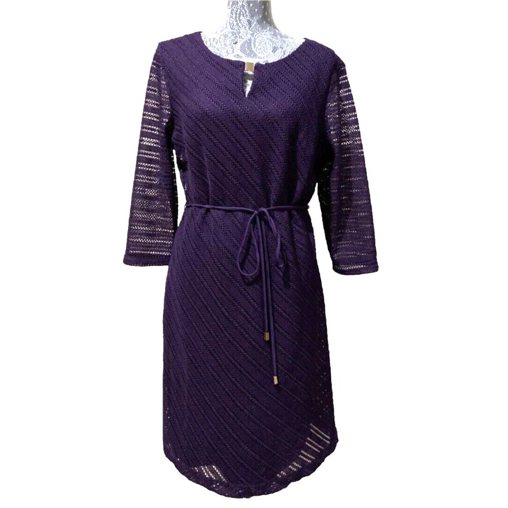 Studio One Midi Dress Purple Romantic Knit Crochet Feminine Cottagecore Belt 16